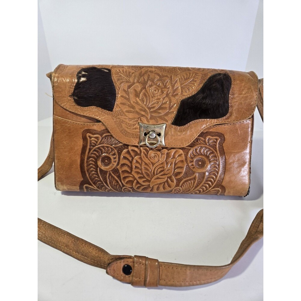 Vintage Mexican Tooled Leather Cowhide Horse Western Shoulder Purse Bag